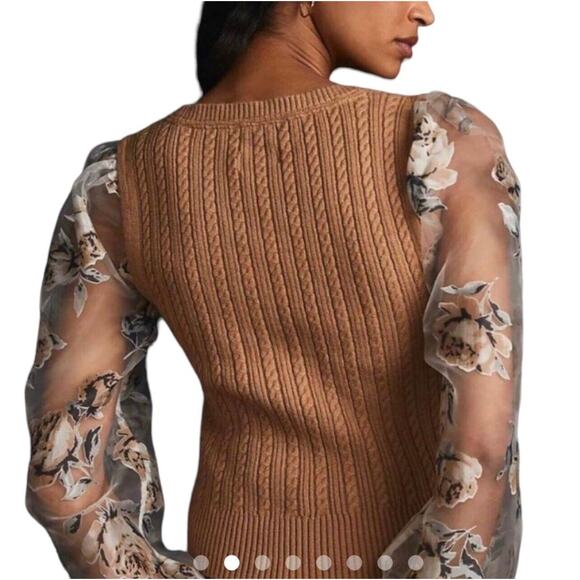 Anthropologie Maeve Tan Cable Knit Crew Sweater Sheer Rose Print Sleeves X Large - Picture 4 of 7